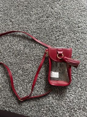 Clear Crossbody Phone Bag with Red Trim and Decorative Tassel